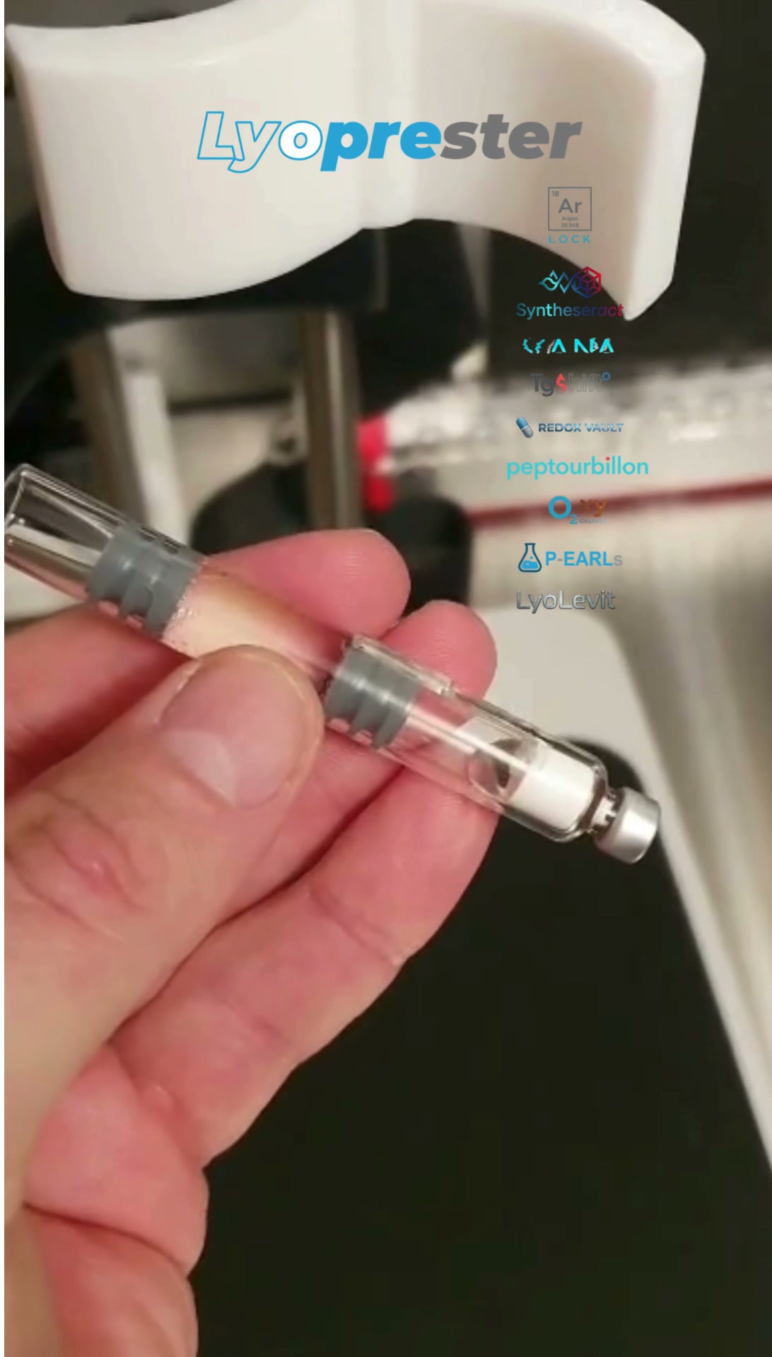 ArgonLock controlled argon conditioning by Panacea Bio Chem and Bogdan Dicoias &mdash; a finished lyophilized peptide cake held in a vacuum-derived, low-oxygen chamber after a controlled partial argon replacement
